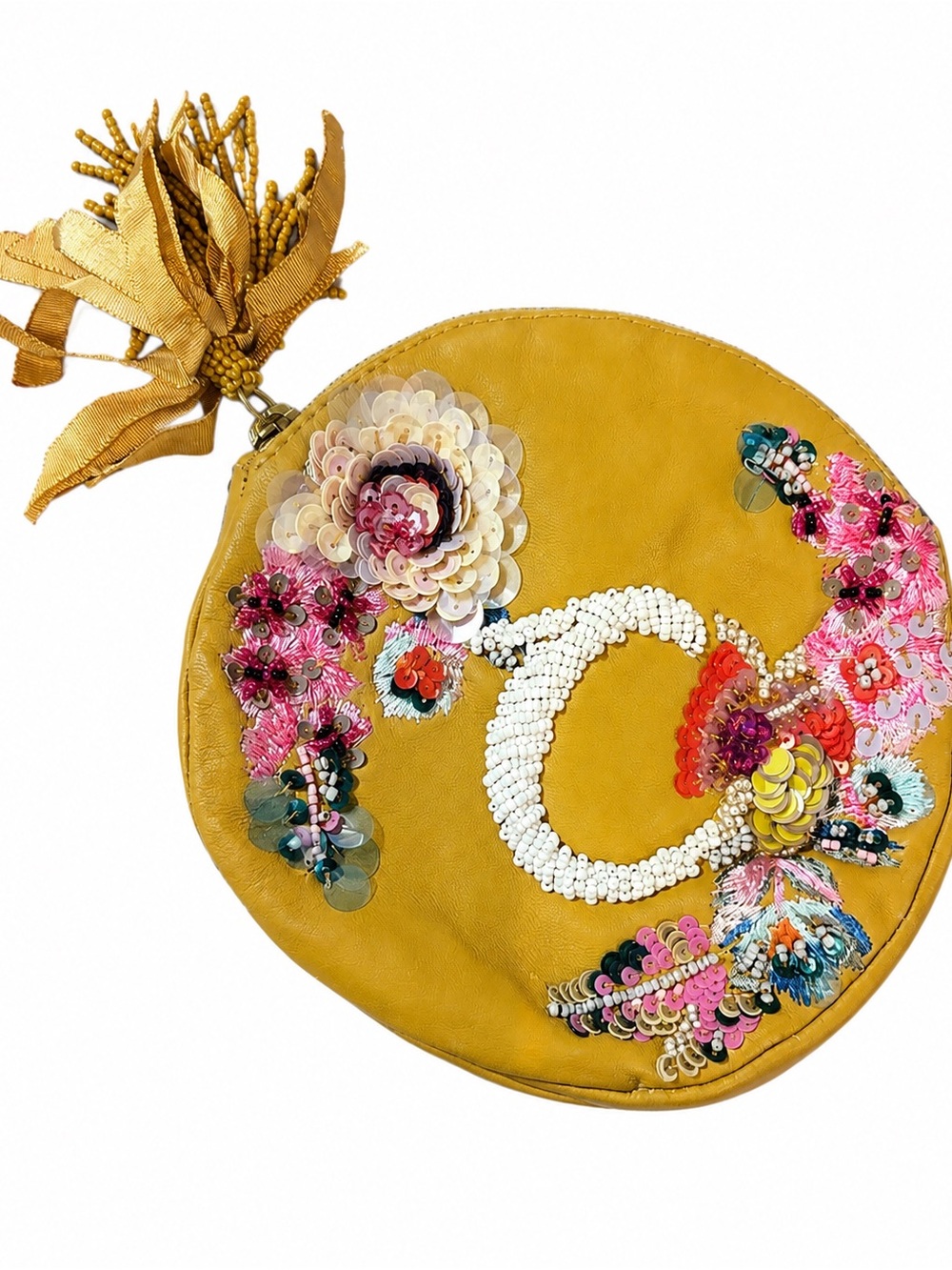 Anthropologie Mustard Yellow Embellished Leather Clutch | Beaded Floral Sequins